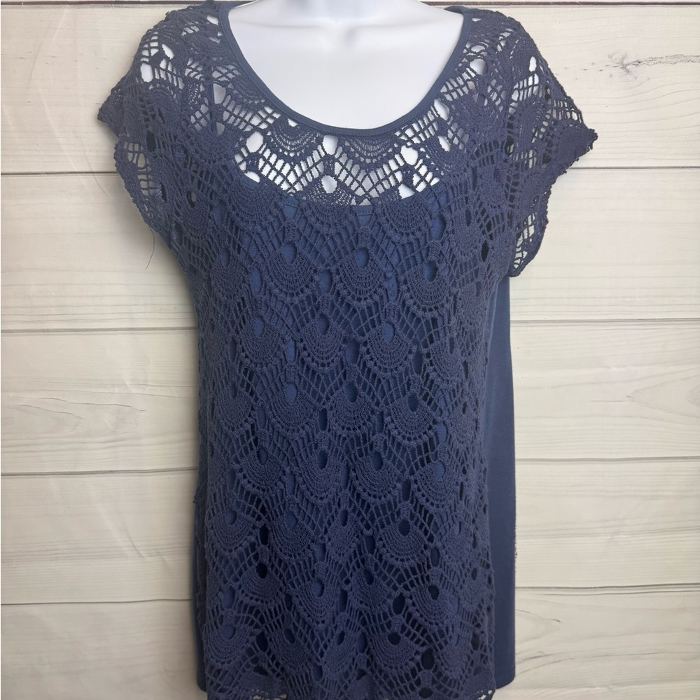 French Laundry Elegant Navy Crochet Lace Top